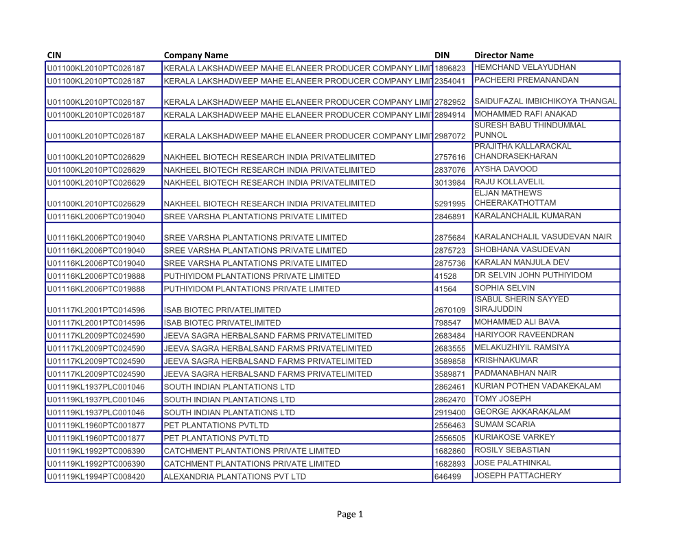 CIN Company Name DIN Director Name Page 1