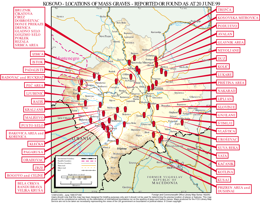 Kosovo - Locations of Mass Graves - Reported Or Found As at 20 June 99 ^