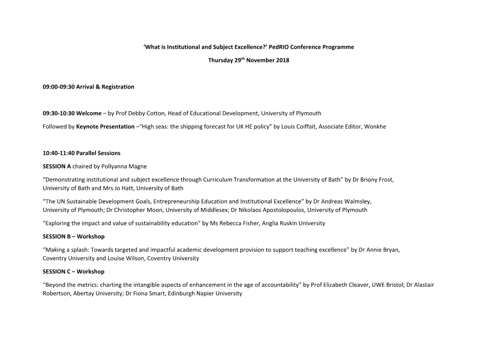 What Is Institutional and Subject Excellence?’ Pedrio Conference Programme