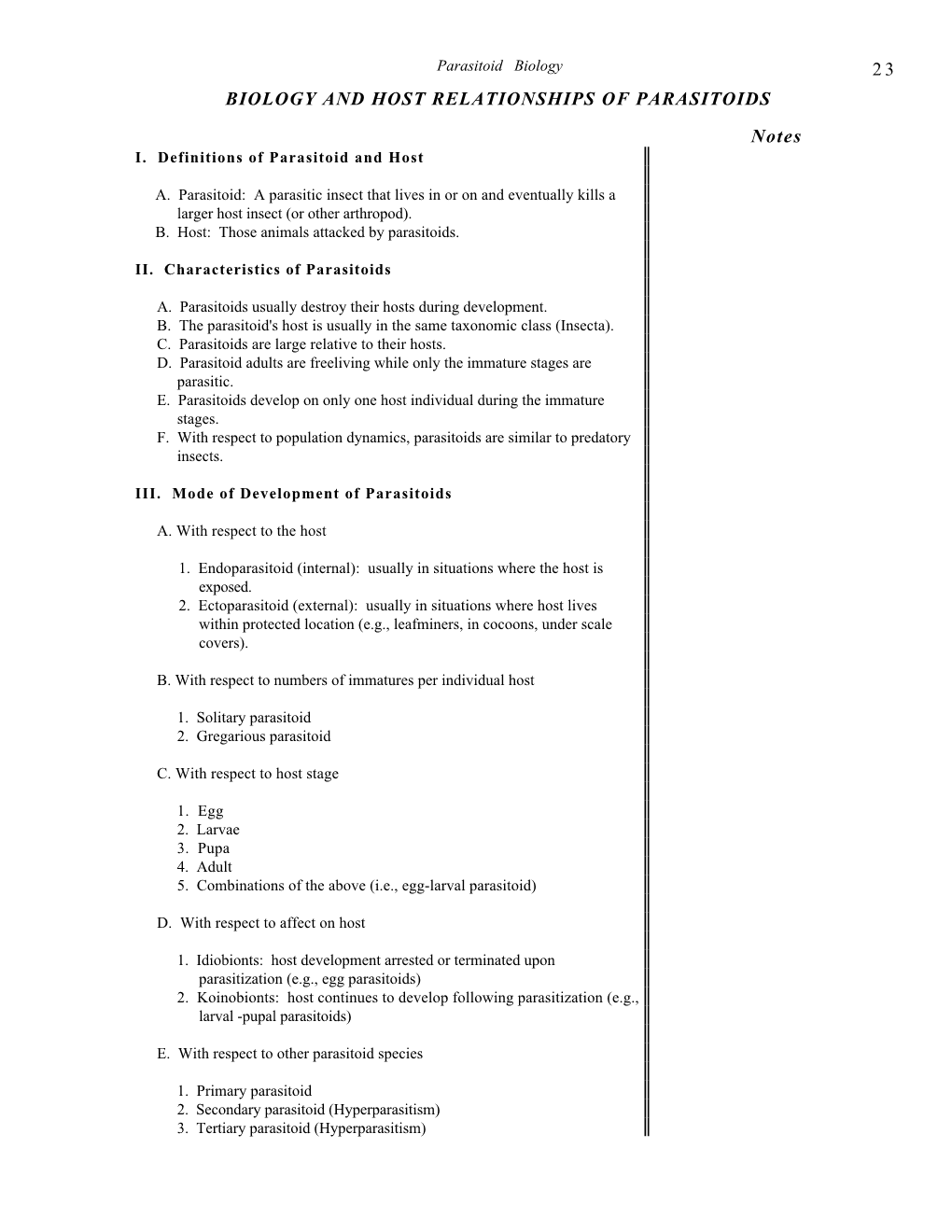 23 BIOLOGY and HOST RELATIONSHIPS of PARASITOIDS Notes I