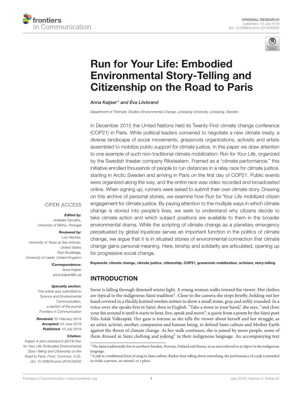 Run for Your Life: Embodied Environmental Story-Telling and Citizenship on the Road to Paris