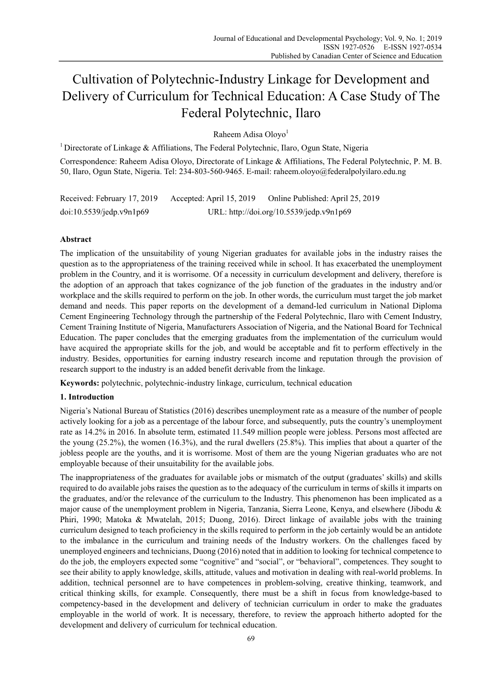 Cultivation of Polytechnic-Industry Linkage for Development and Delivery of Curriculum for Technical Education: a Case Study of the Federal Polytechnic, Ilaro