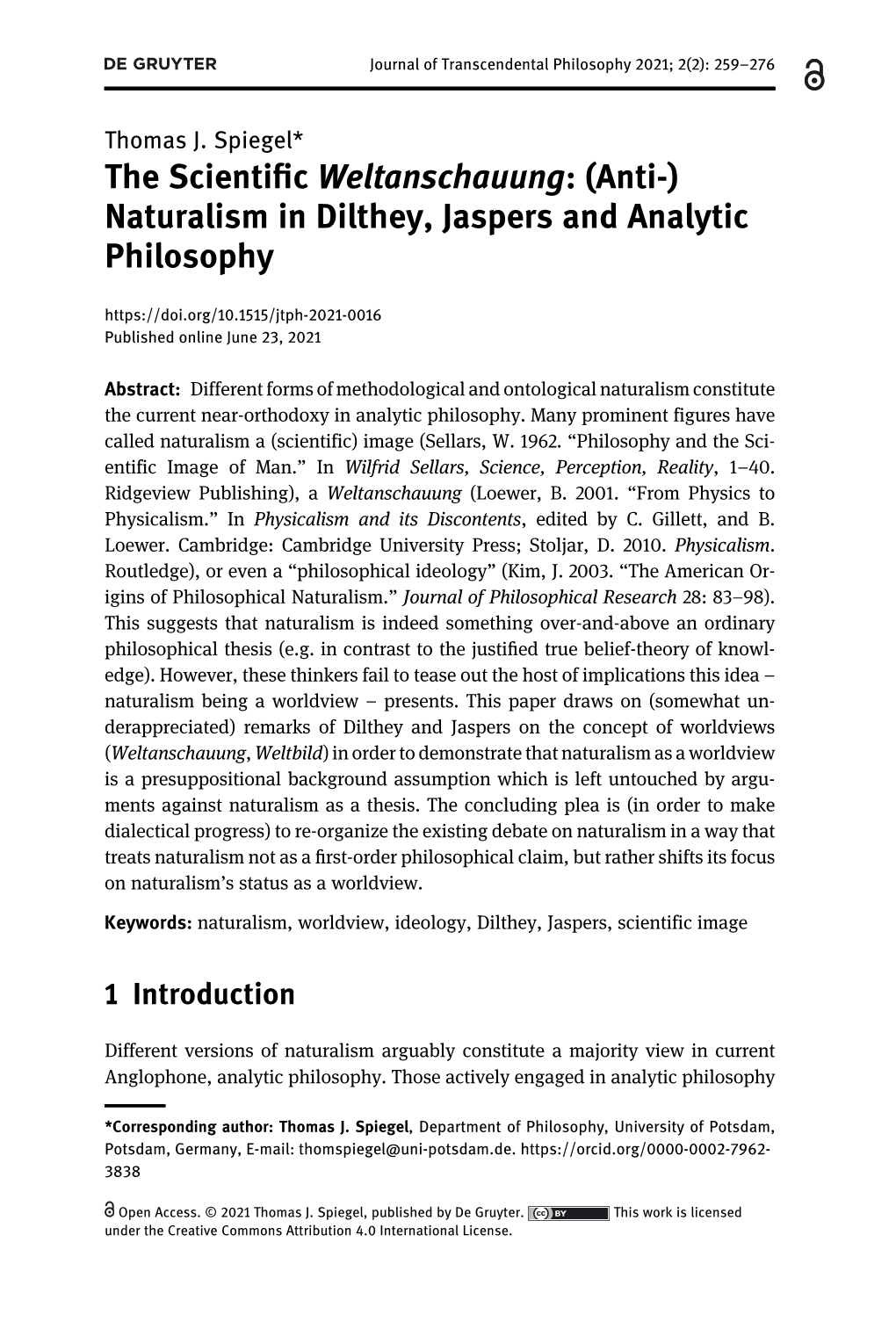 The Scientific Weltanschauung: (Anti-) Naturalism in Dilthey, Jaspers and Analytic Philosophy