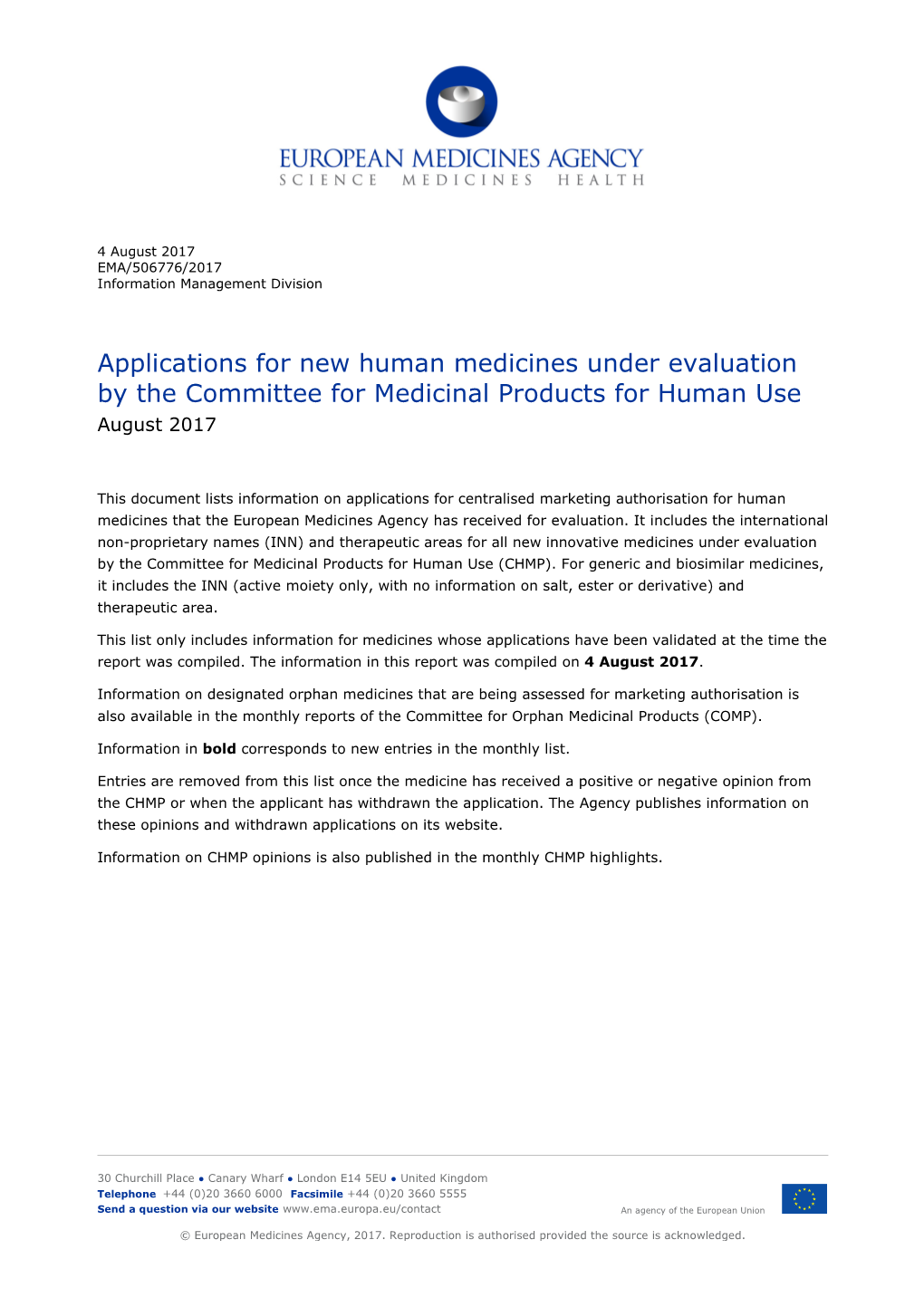 List Item Applications for New Human Medicines Under Evaluation by The