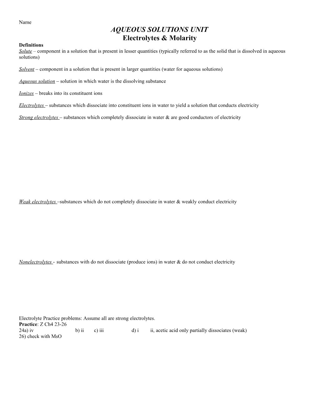 Aqueous Solutions Unit