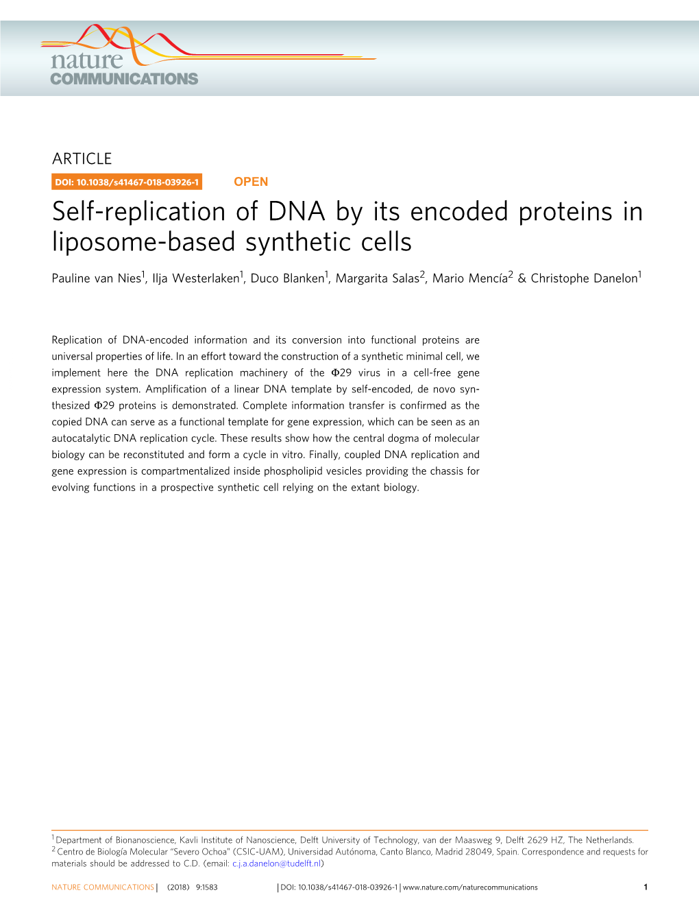 Self-Replication of DNA by Its Encoded Proteins in Liposome-Based Synthetic Cells