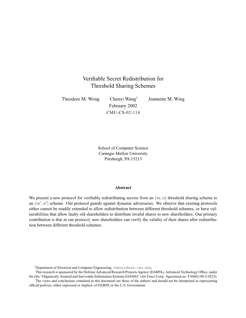 Verifiable Secret Redistribution for Threshold Sharing Schemes