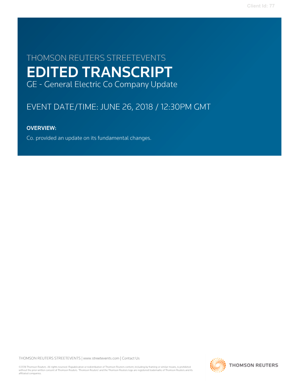 General Electric Co Company Update on June 26, 2018 / 12:30PM