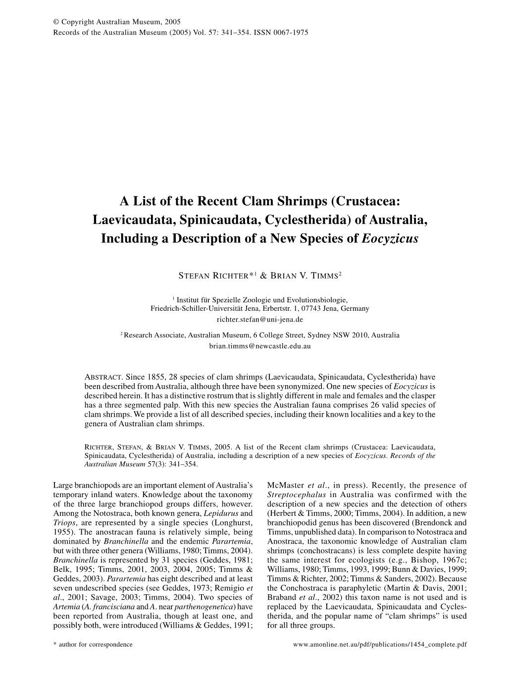 Crustacea: Laevicaudata, Spinicaudata, Cyclestherida) of Australia, Including a Description of a New Species of Eocyzicus