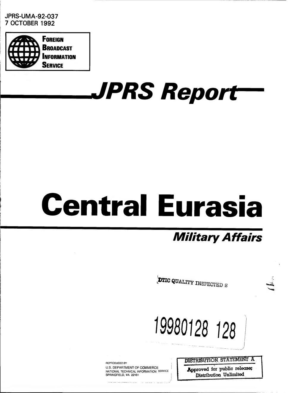 DTIC ADA335560: JPRS Report Central Eurasia Military Affairs