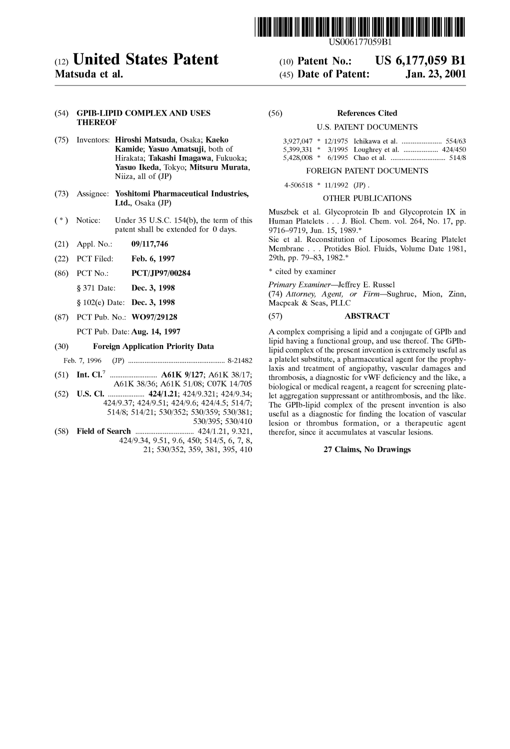 (12) United States Patent (10) Patent No.: US 6, 177,059 B1 Matsuda Et Al