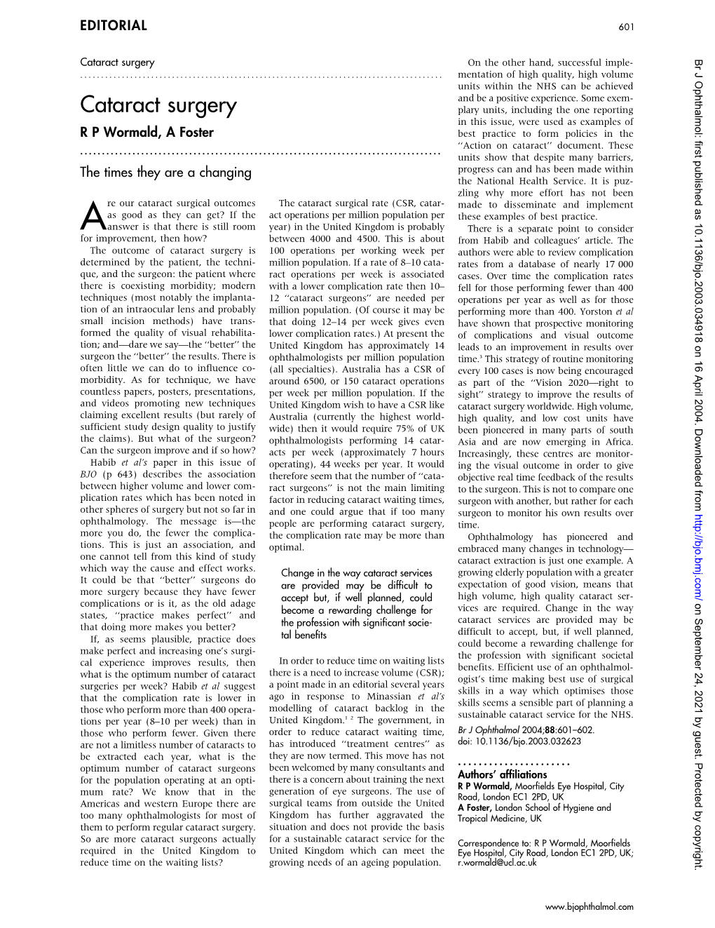 Cataract Surgery on the Other Hand, Successful Imple- Br J Ophthalmol: First Published As 10.1136/Bjo.2003.034918 on 16 April 2004