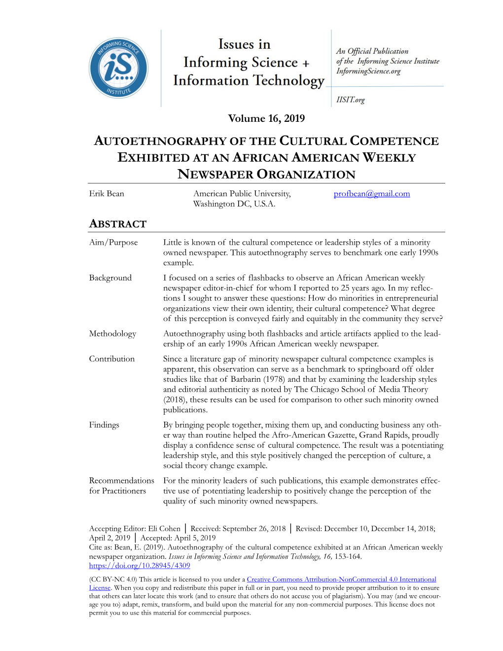 Autoethnography of the Cultural Competence Exhibited at an African American Weekly Newspaper Organization