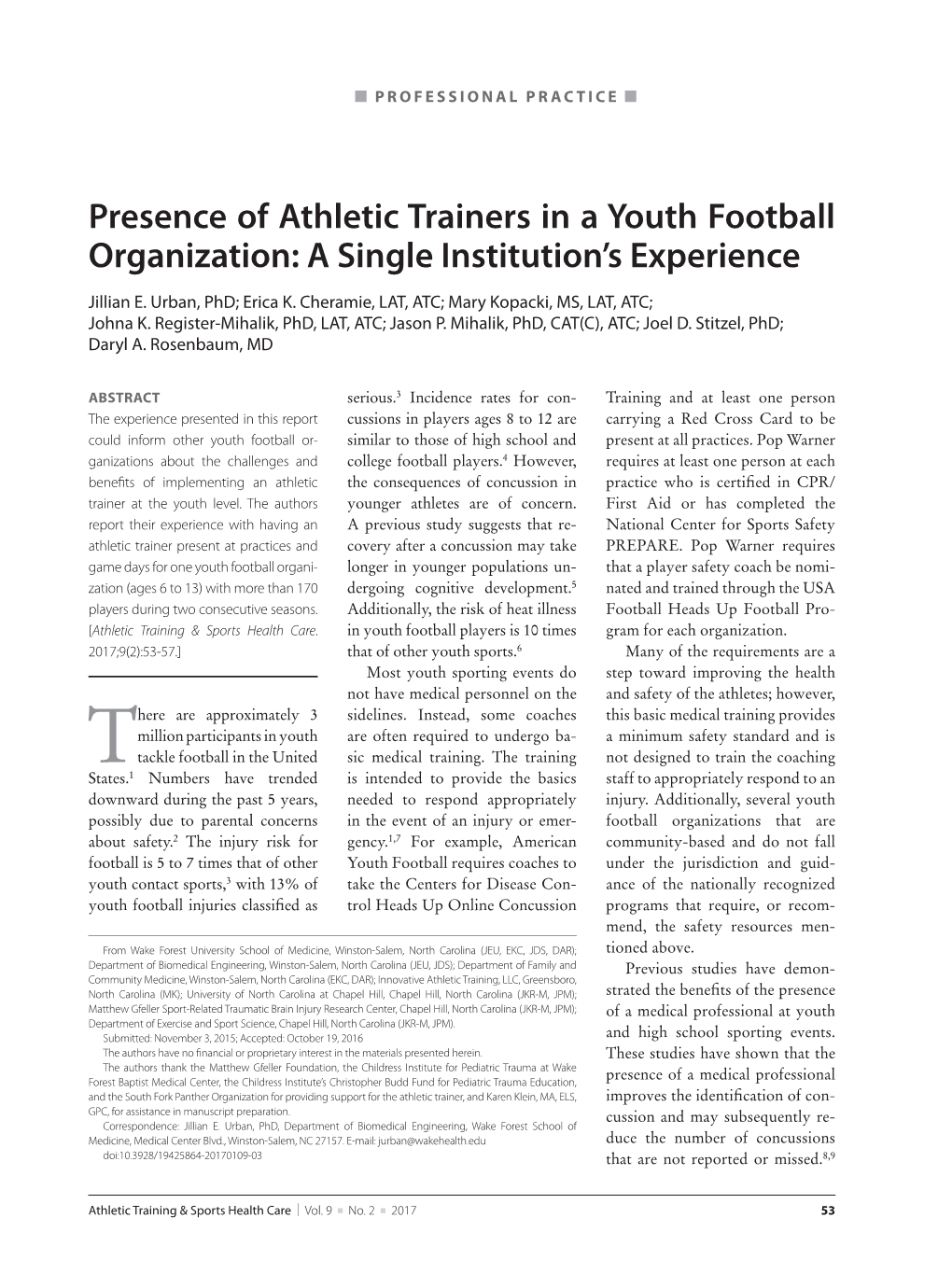 Presence of Athletic Trainers in a Youth Football Organization: a Single Institution’S Experience