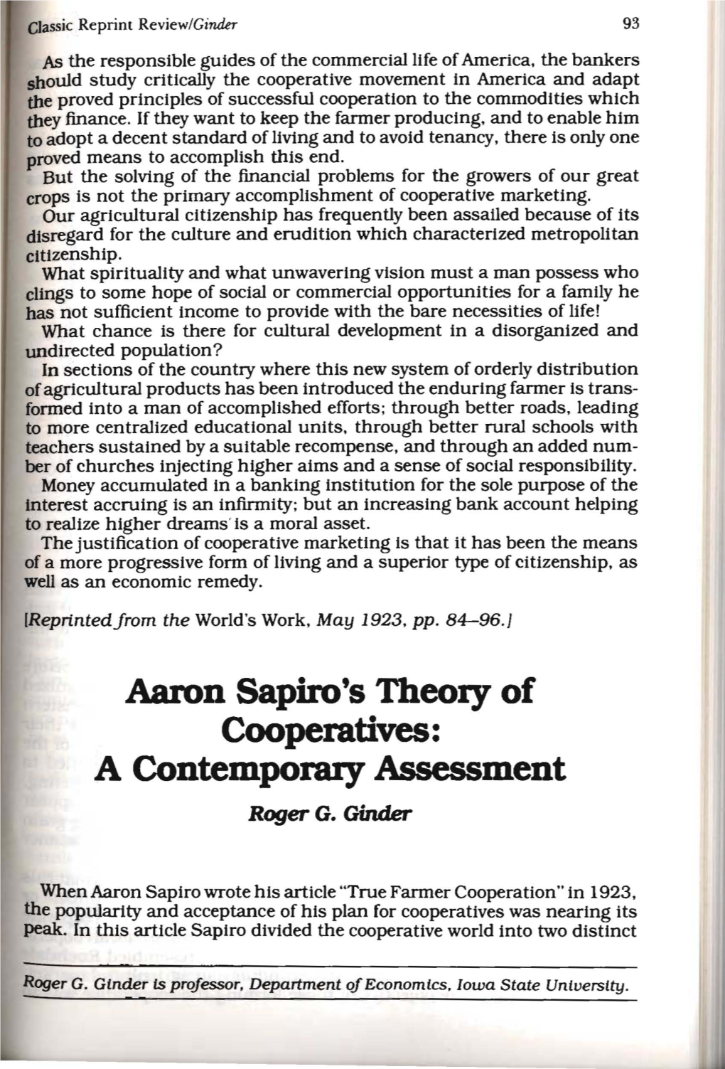 Aaron Sapiro's Theory of Cooperatives