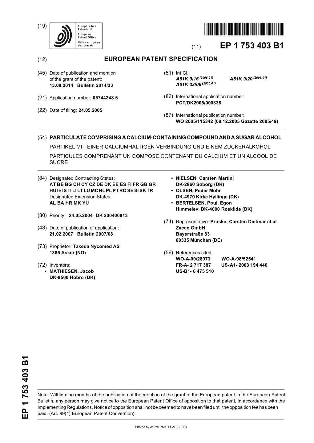 Particulate Comprising a Calcium-Containing Compound and a Sugar Alcohol