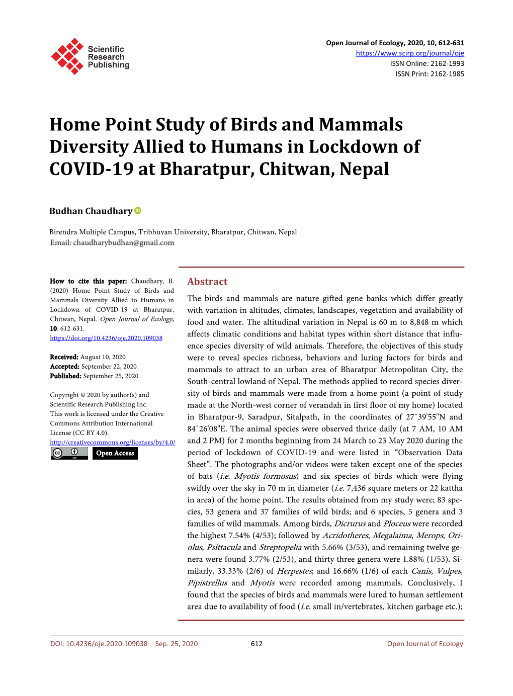 Home Point Study of Birds and Mammals Diversity Allied to Humans in Lockdown of COVID-19 at Bharatpur, Chitwan, Nepal