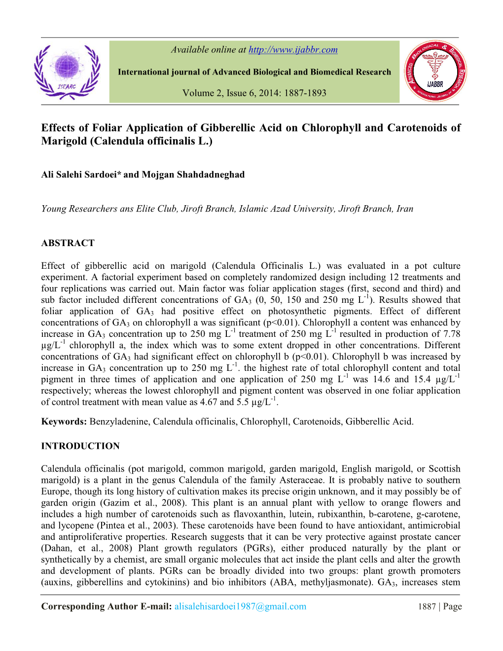 Effects of Foliar Application of Gibberellic Acid on Chlorophyll and Carotenoids of Marigold (Calendula Officinalis L.)