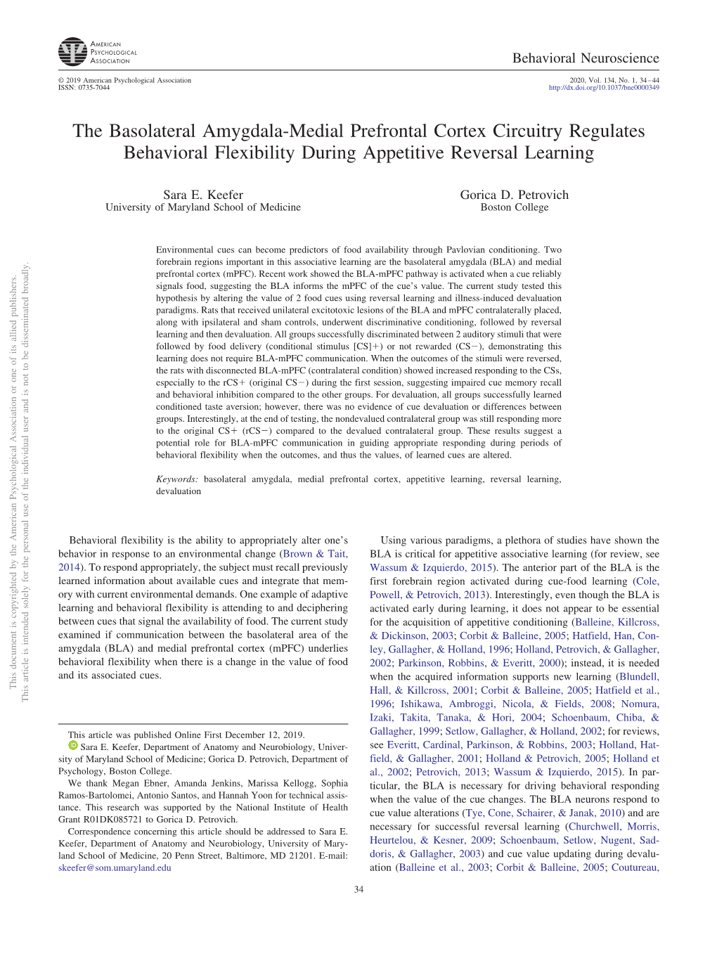 The Basolateral Amygdala-Medial Prefrontal Cortex Circuitry Regulates Behavioral Flexibility During Appetitive Reversal Learning