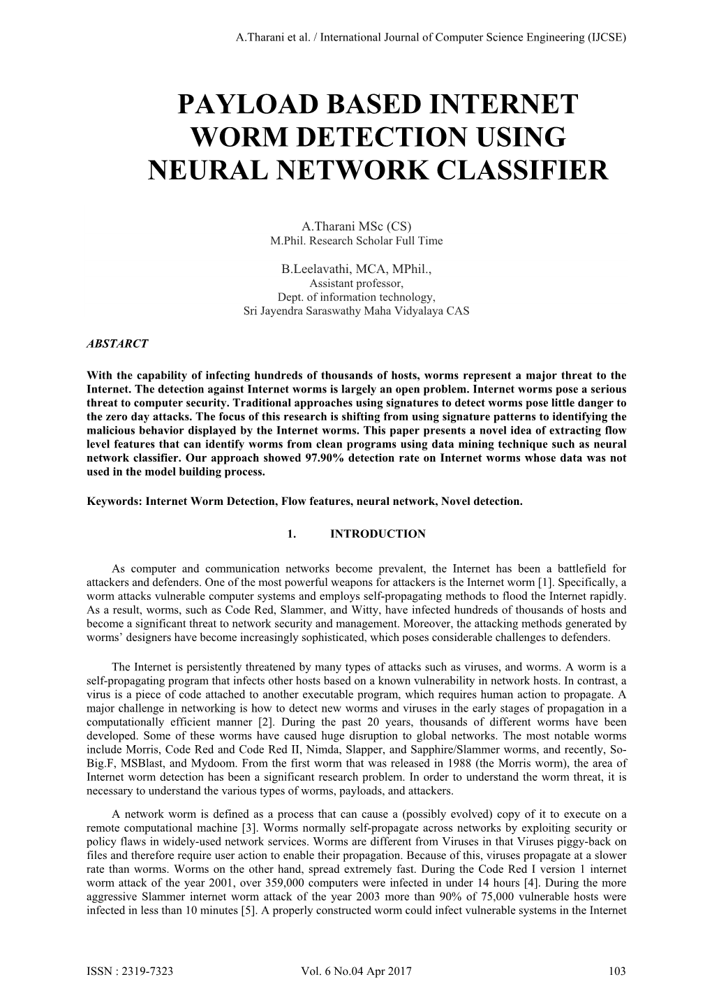 Payload Based Internet Worm Detection Using Neural Network Classifier