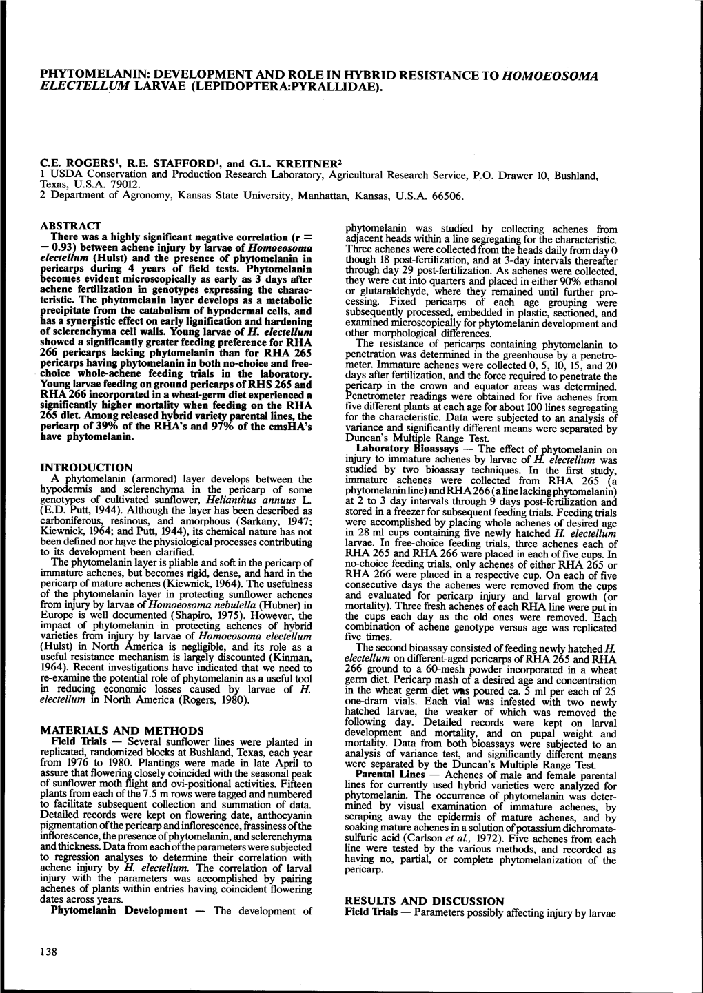 Phytomelanin: Development and Role in Itybrid Resistance to Homoeosoma Ele Ctell{Iii Larvae (Lepidoptera\:Pyrallidae)