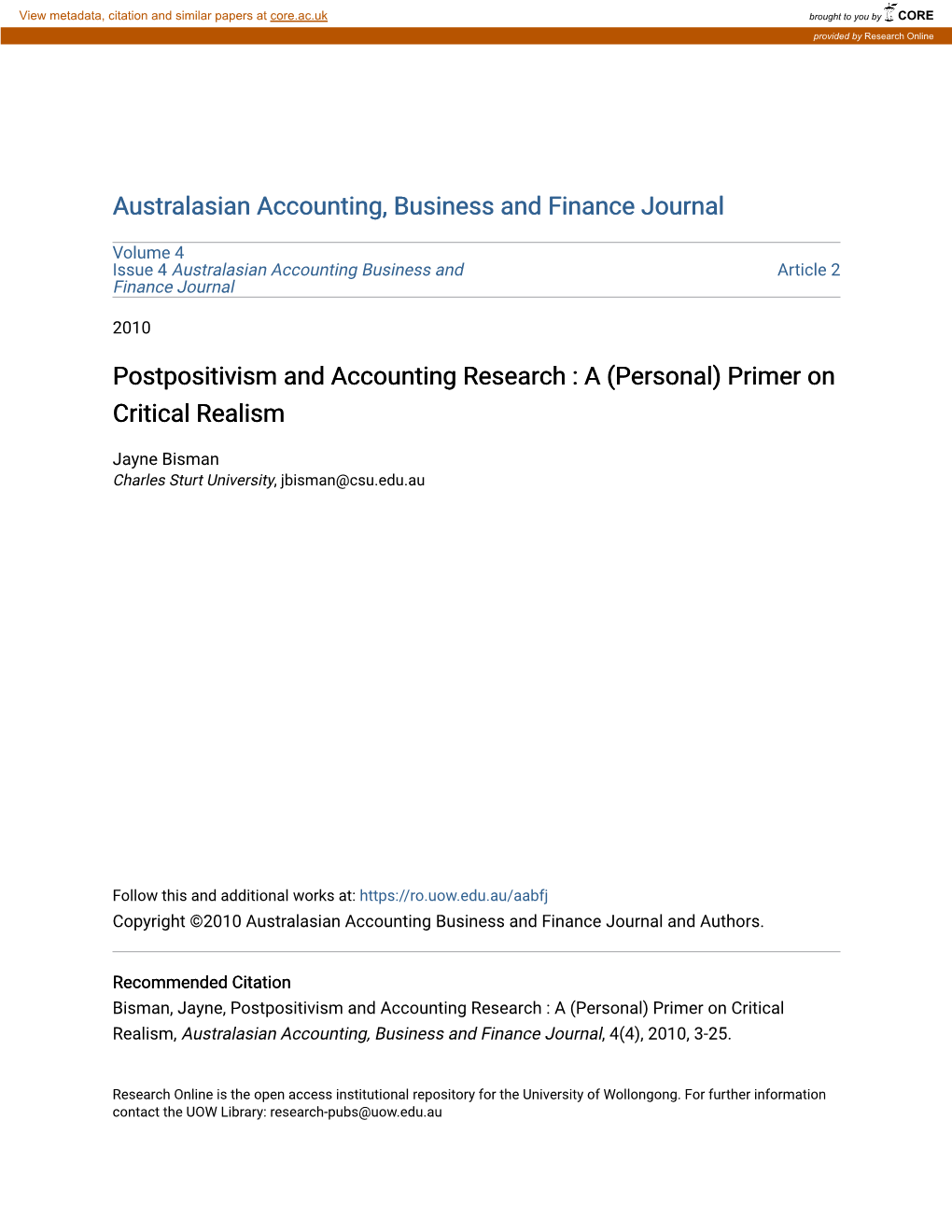 Postpositivism and Accounting Research : a (Personal) Primer on Critical Realism