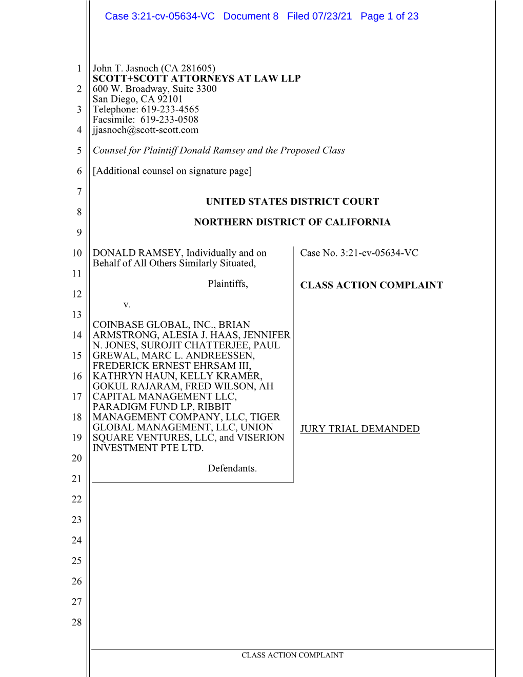 Donald Ramsey, Et Al. V. Coinbase Global, Inc., Et Al. 21-CV-05634-Class Action Complaint