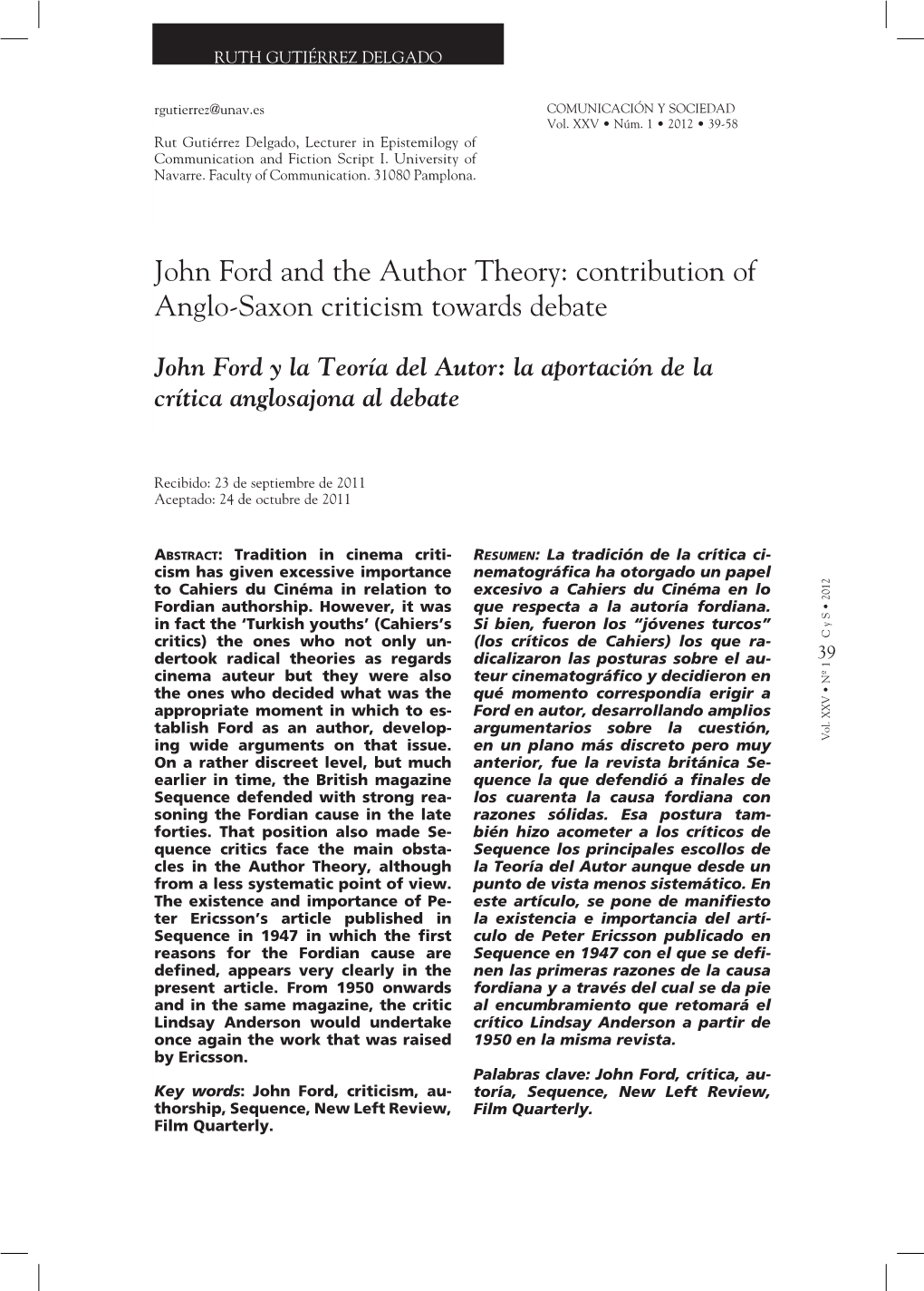 John Ford and the Author Theory: Contribution of Anglo