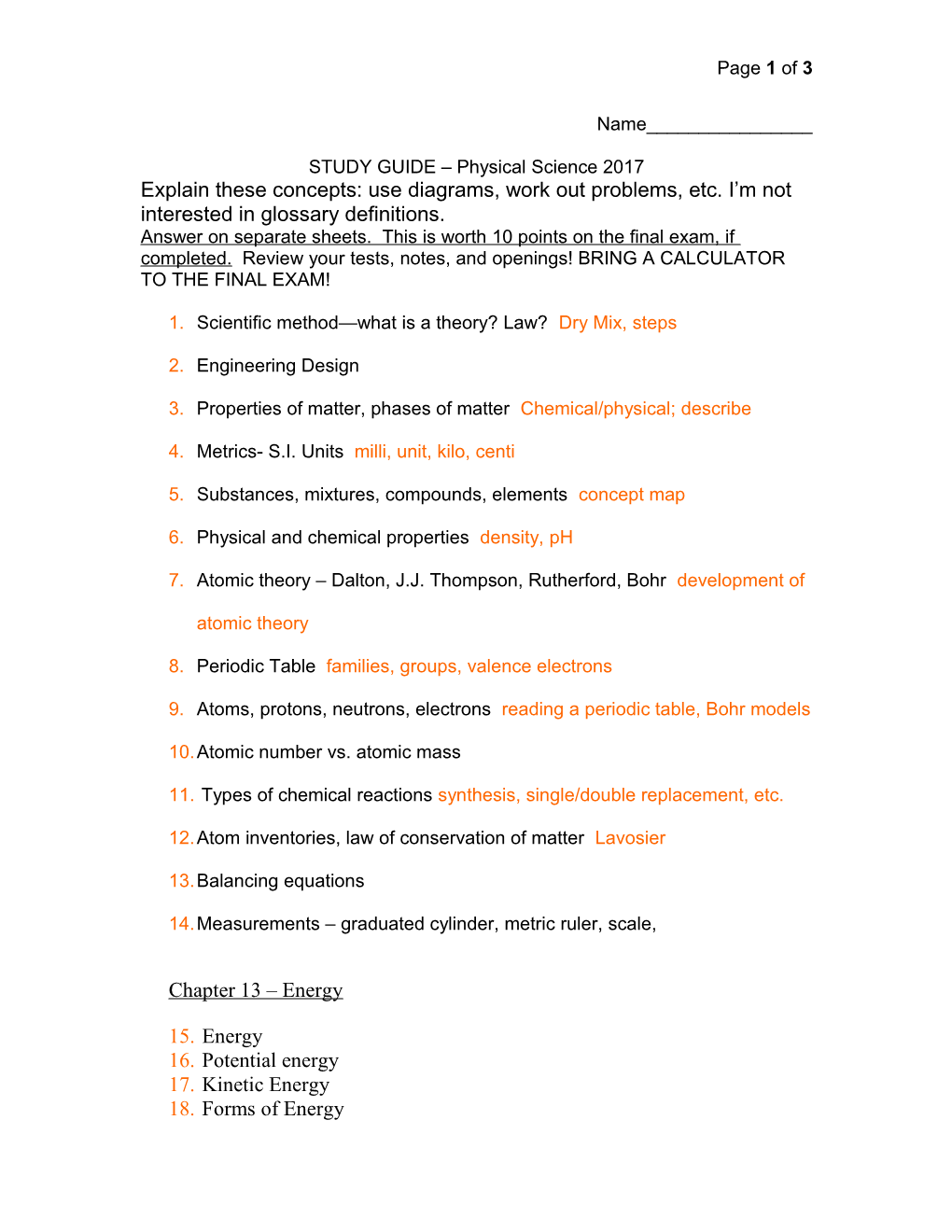 STUDY GUIDE Physical Science 2009