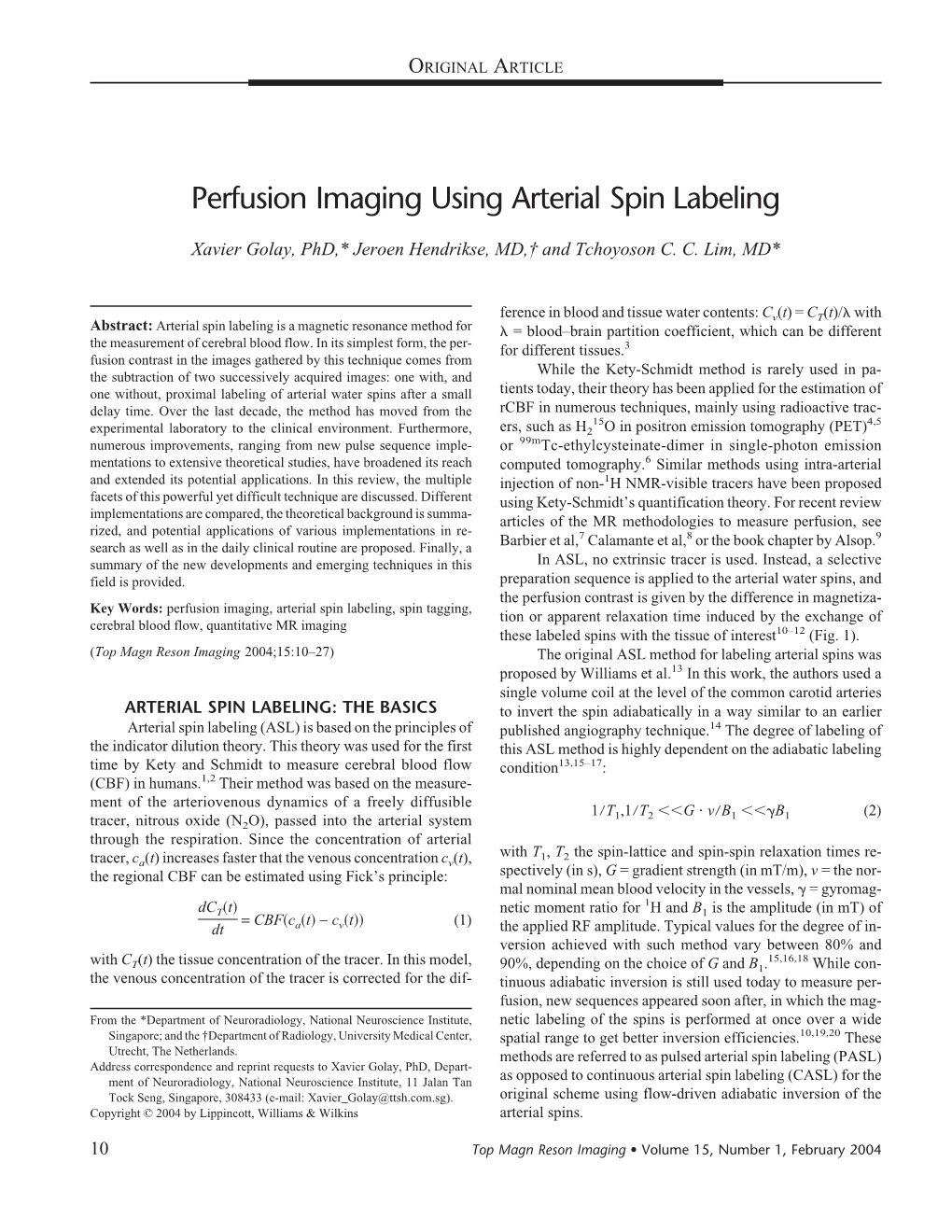Perfusion Imaging Using Arterial Spin Labeling
