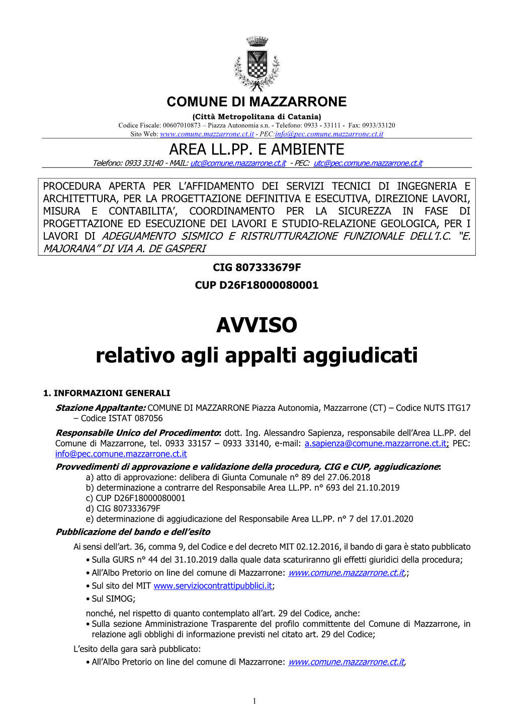 AVVISO Relativo Agli Appalti Aggiudicati