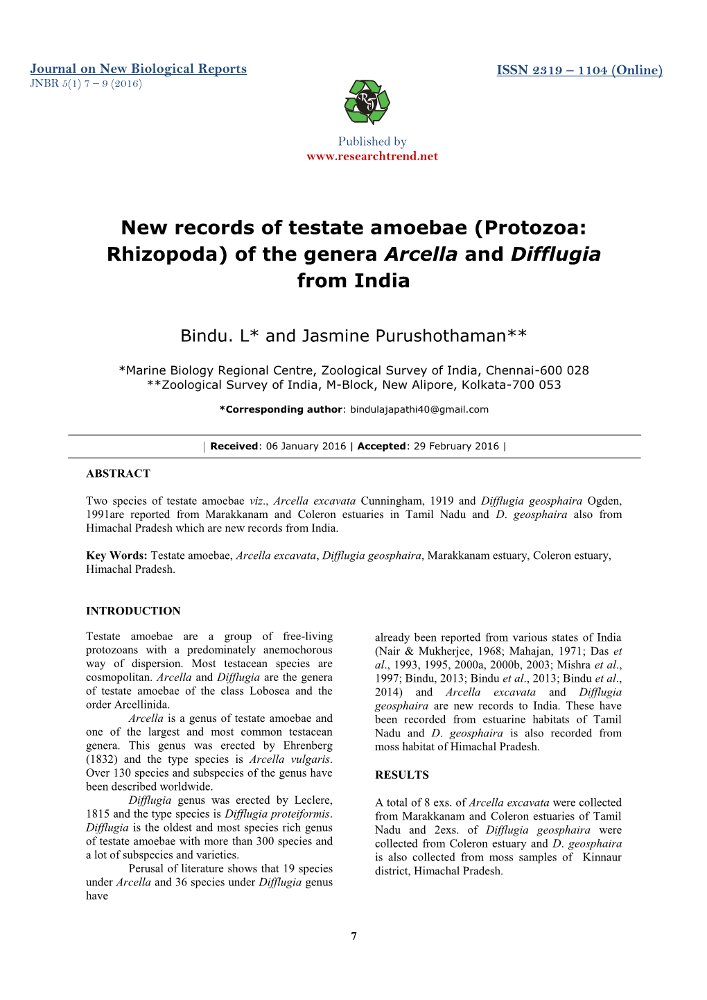 (Protozoa: Rhizopoda) of the Genera Arcella and Difflugia from India