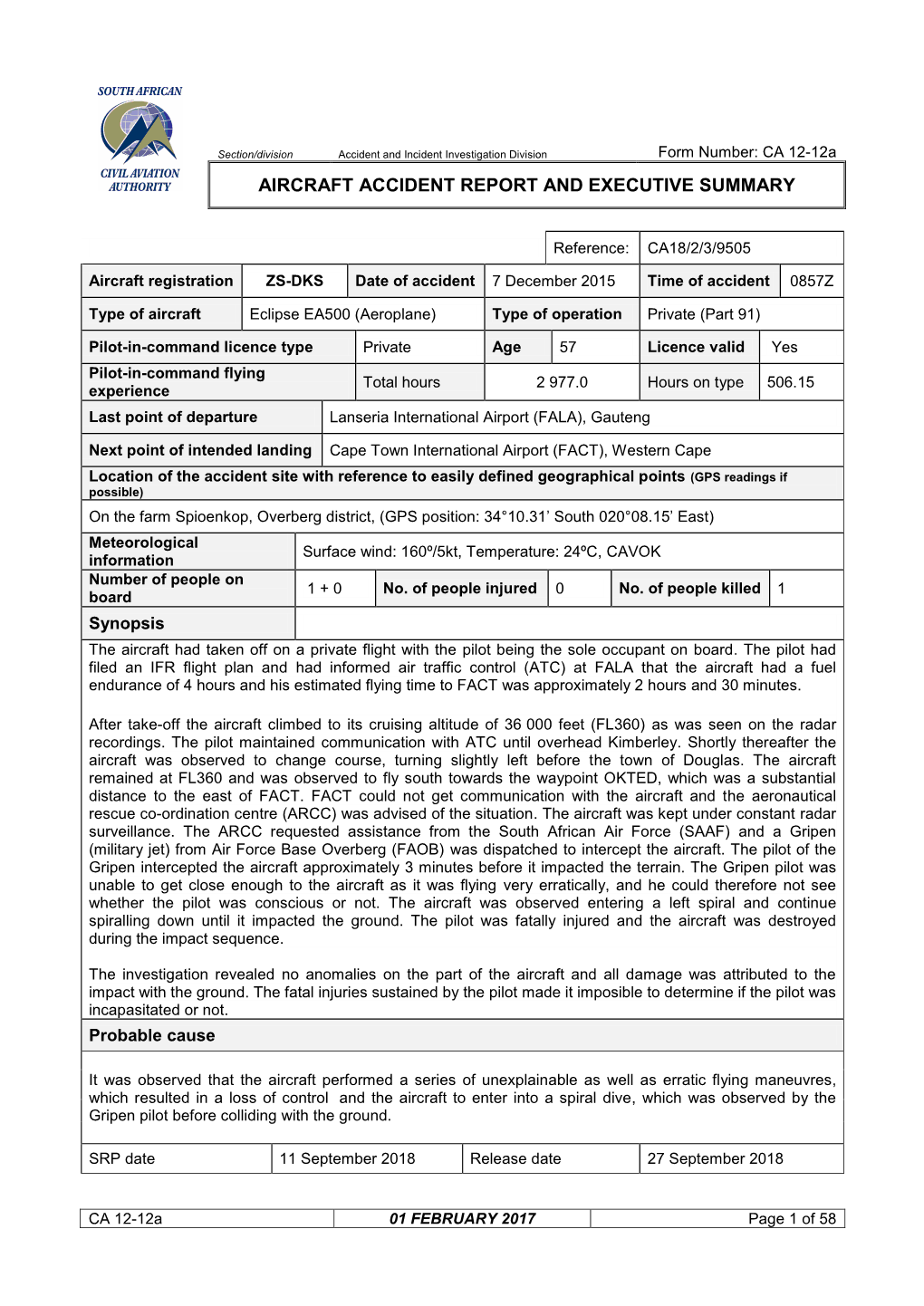 Aircraft Accident Report and Executive Summary