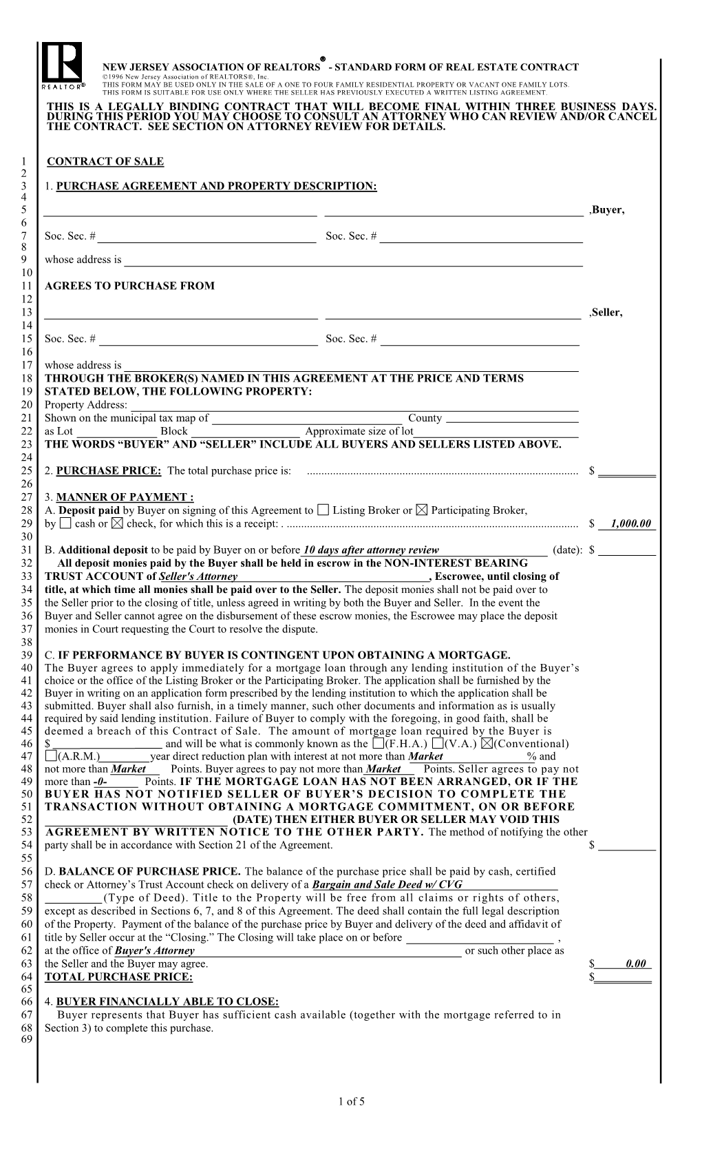 Broker Standard Form of Real Estate Contract