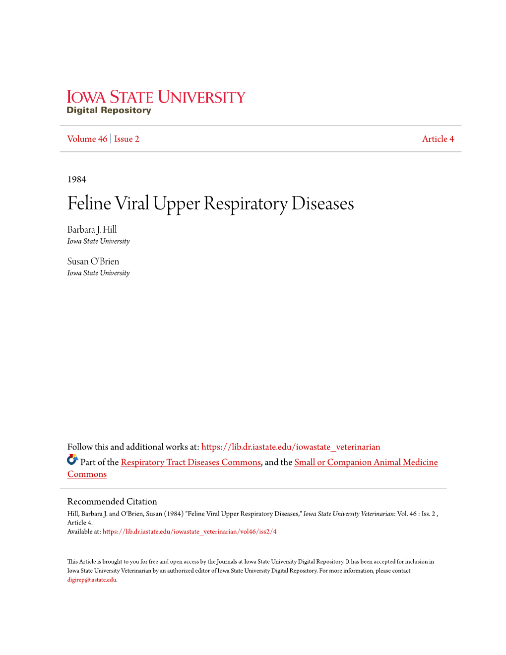 Feline Viral Upper Respiratory Diseases Barbara J