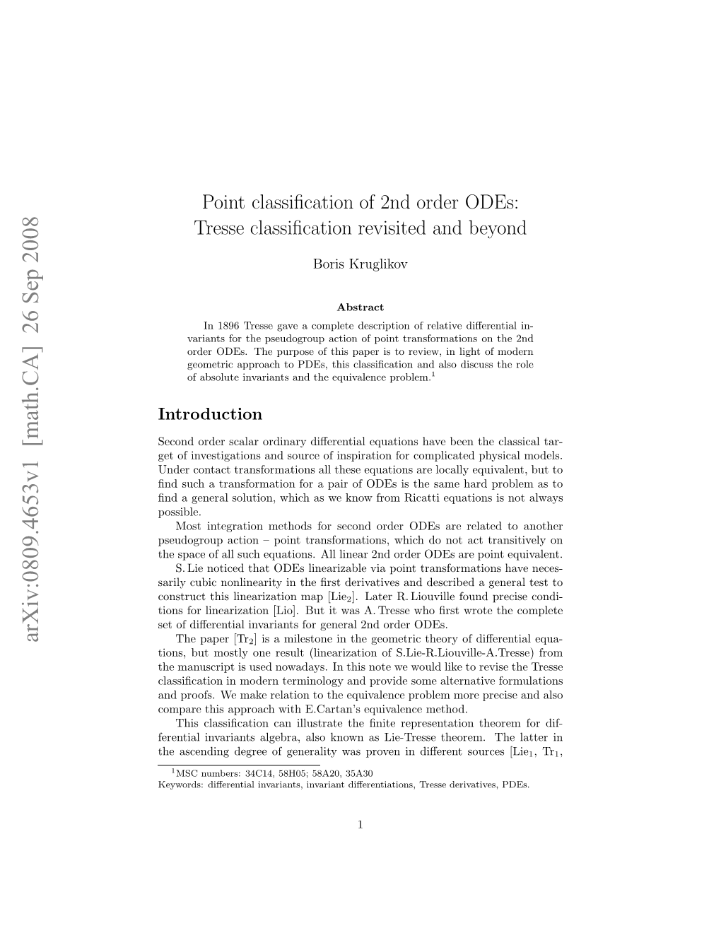 Point Classification of 2Nd Order Odes: Tresse Classification