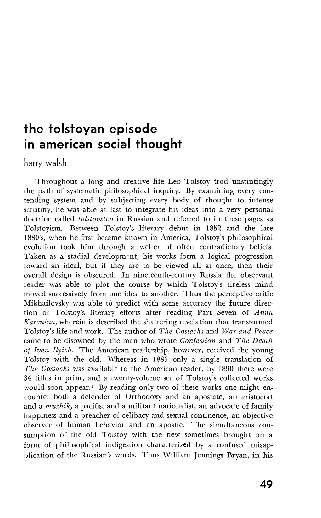 The Tolstoyan Episode in American Social Thought 49