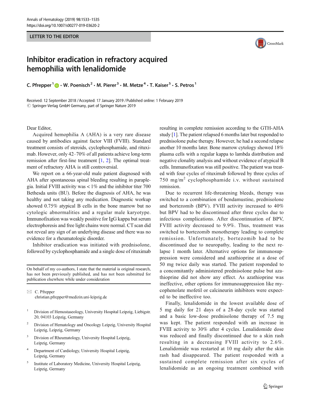 Inhibitor Eradication in Refractory Acquired Hemophilia with Lenalidomide