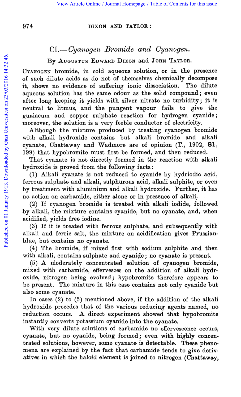 Cyanogera Bromide and Cyanogen. by AUGUSTUSEDWARD DIXON and JOHNTAYLOR