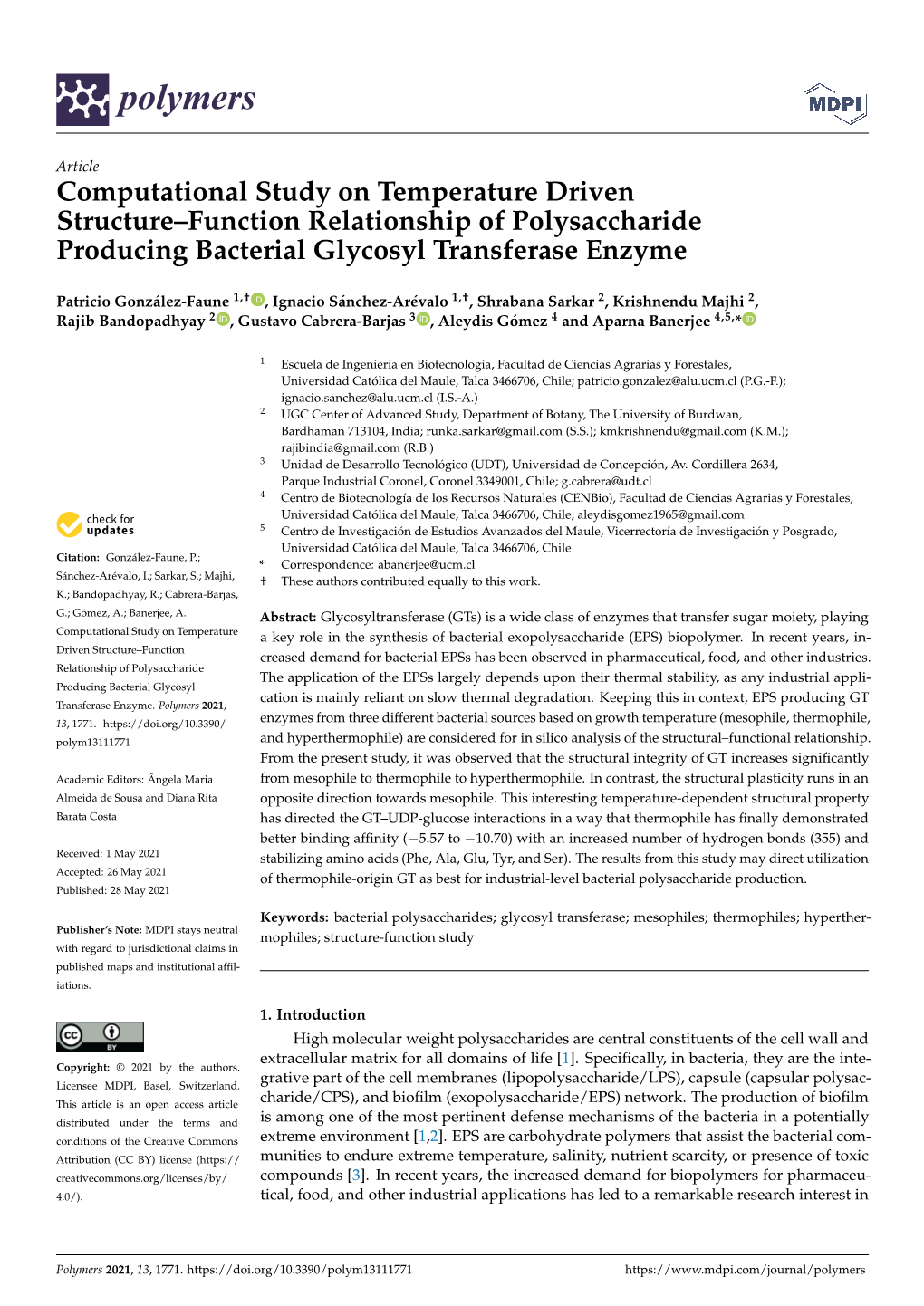 Computational Study on Temperature Driven Structure–Function Relationship of Polysaccharide Producing Bacterial Glycosyl Transferase Enzyme