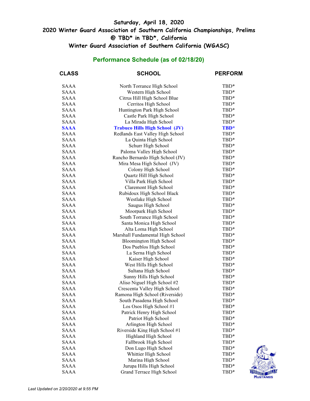 Performance Schedule (As of 02/18/20)