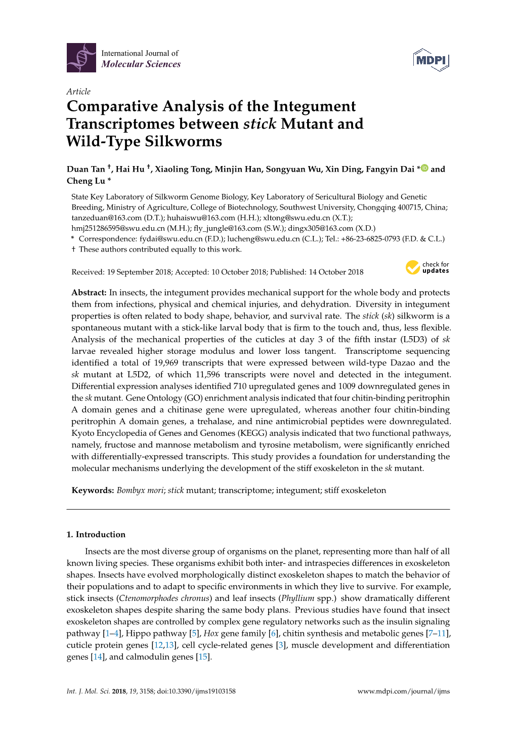 Comparative Analysis of the Integument Transcriptomes Between Stick Mutant and Wild-Type Silkworms