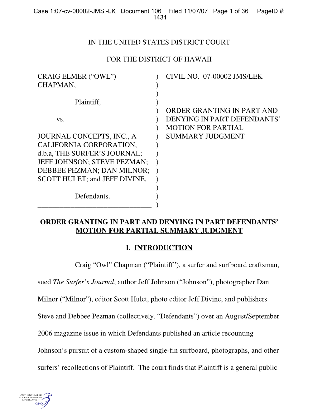 (“OWL”) CHAPMAN, Plaintiff, Vs. JOURNAL CONCEPTS