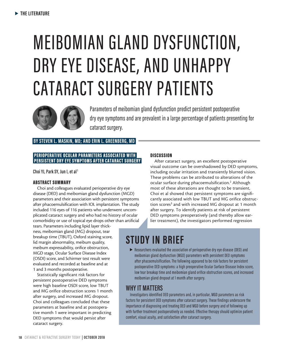 Meibomian Gland Dysfunction, Dry Eye Disease, and Unhappy Cataract Surgery Patients