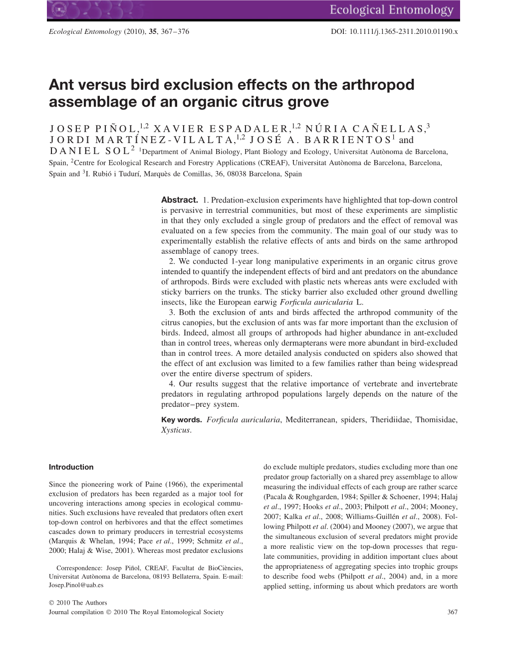 Ant Versus Bird Exclusion Effects on the Arthropod Assemblage of an Organic Citrus Grove