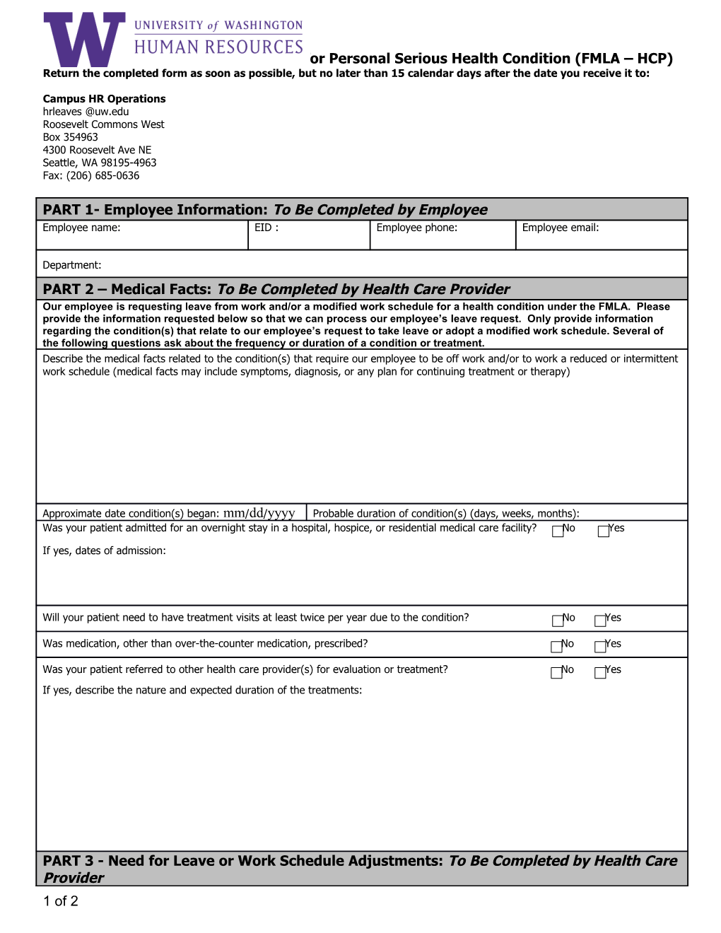 FMLA Certification of Health Care Provider for Personal Serious Health Condition