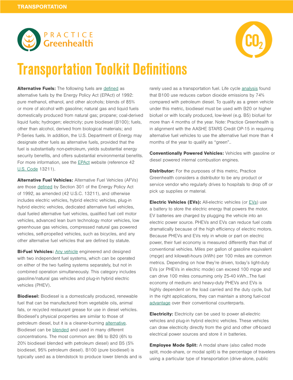 Practice Greenhealth Transportation Toolkit Definitions