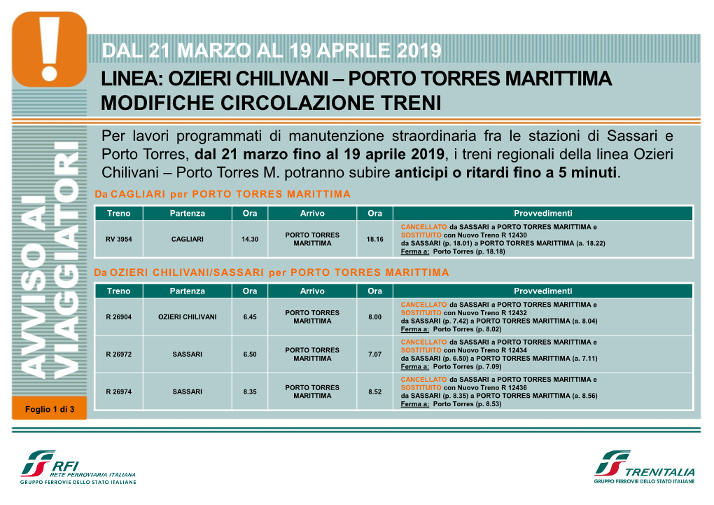 Ozieri Chilivani – Porto Torres Marittima Modifiche Circolazione Treni