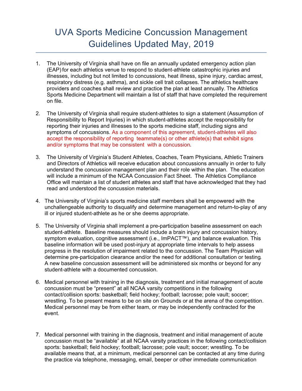 UVA Sports Medicine Concussion Management Guidelines Updated May, 2019