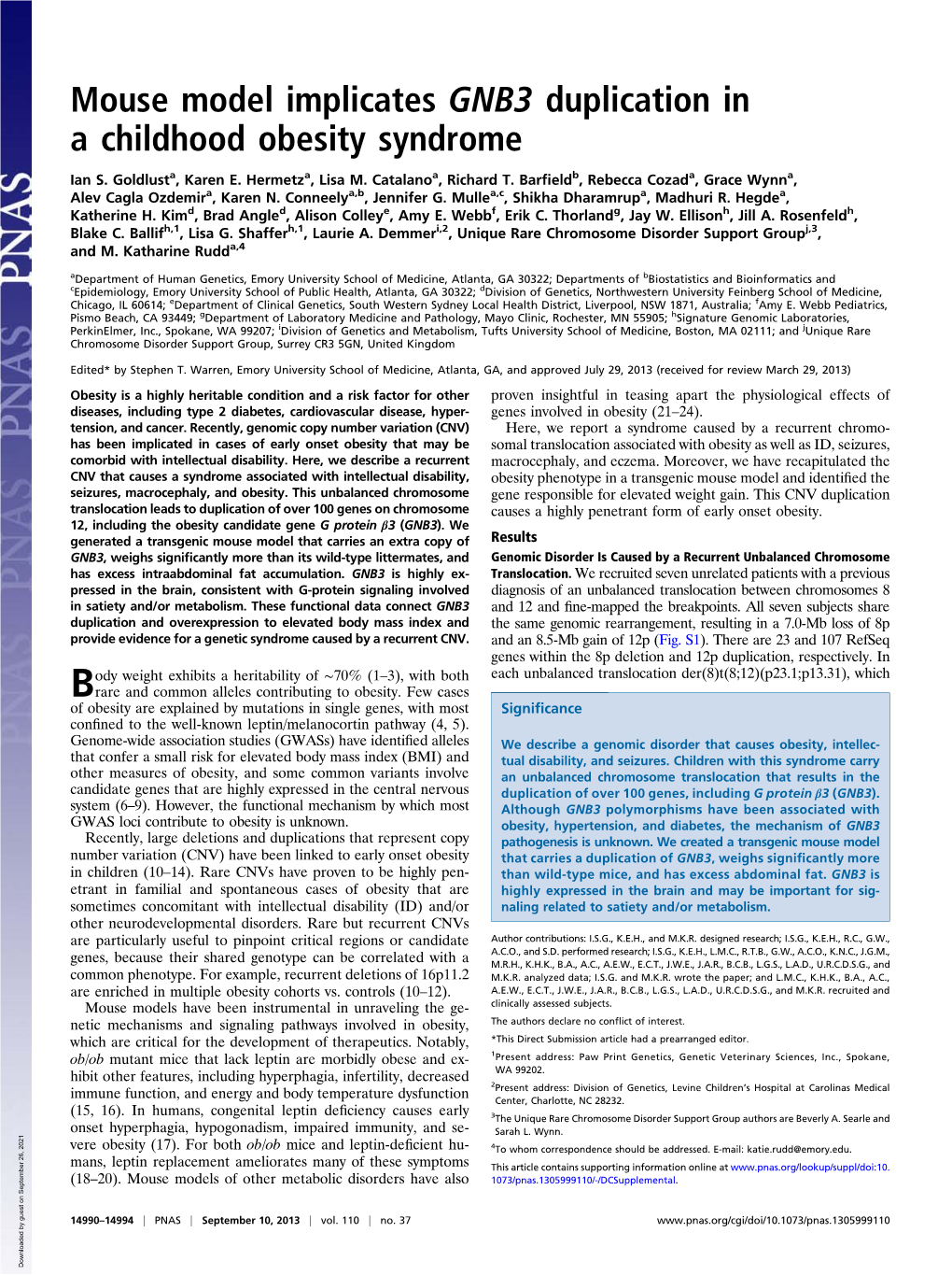 Mouse Model Implicates GNB3 Duplication in a Childhood Obesity Syndrome